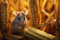 Closeup curious young gray mouse lurk near the corn. Concept of rodent control.Generative AI