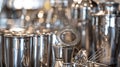 A closeup of the custommade barware including shakers strainers and stirring ss Royalty Free Stock Photo