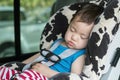 Closeup cute asian kid sleep in car seat in van