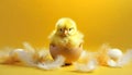 Cute Chick in a Broken Eggshell on a Yellow Background - Generative Ai