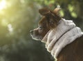 Closeup of a cute doggy in a knitted scarf