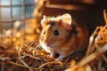 closeup of cute fluffy pet hamster, domestic rodent in a cage with dry grass, blurred background Royalty Free Stock Photo