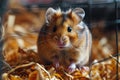 closeup of cute fluffy pet hamster, domestic rodent in a cage with straw, blurred background Royalty Free Stock Photo