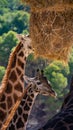 Closeup of cute giraffes eating hay from a hanging basket