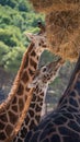 Closeup of cute giraffes eating hay from a hanging basket