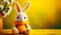 Cute Knitted Easter Bunny on a Yellow Background with Copy Space - Generative Ai