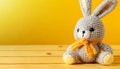 Cute Knitted Easter Bunny on a Yellow Background with Copy Space - Generative Ai