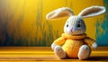 Cute Knitted Easter Bunny on a Yellow Background with Copy Space - Generative Ai