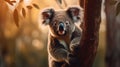 Closeup of a cute koala hanging on a Eucalyptus tree, AI-generated.