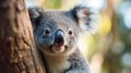 Closeup of a cute koala hanging on a Eucalyptus tree, AI-generated.