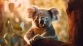 Closeup of a cute koala hanging on a Eucalyptus tree, AI-generated.