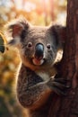 Closeup of a cute koala hanging on a Eucalyptus tree, AI-generated.