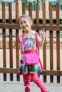 Closeup Cute little asia girl smile and action for take a pictur Royalty Free Stock Photo