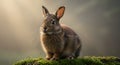 Adorable Wild Rabbit Sitting on Moss in Forest Royalty Free Stock Photo