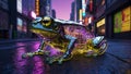 closeup of cybernetic transparent shiny frog with lights and chips and electrical terminations inside in a city street at night