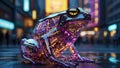 closeup of cybernetic transparent shiny frog with lights and chips and electrical terminations inside in a city street at night