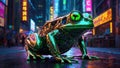 closeup of cybernetic transparent shiny frog with lights and chips and electrical terminations inside in a city street at night