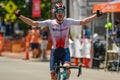 Closeup of a cyclist celebrating victory in the inaugural Lebanon Criterium bicycle races