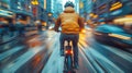 Closeup of a cyclist speeding through the city leaving a trail of blurred movement behind