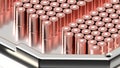 closeup cylindrical 4680 High-capacity Battery pack for electric vehicles on metal platform, battery modules, mass production