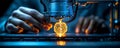 Closeup of 3D printer creating a glowing golden geometric sphere. Innovative technology, future of manufacturing, design