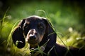 Closeup of a dachshund dog standing in a field of tall, lush green grass