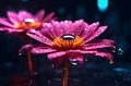 Closeup of daisy flower with dew drops. Perfect for wallpaper or backdrop concept. Photorealistic.