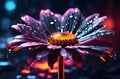 Closeup of daisy flower with dew drops. Perfect for wallpaper or backdrop concept. Photorealistic.