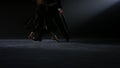 Closeup dancers feet performing valse indoors. Unknown man and woman dancing.