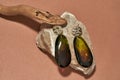 Closeup of dangle teardrop earrings made of golden metal and brown amber epoxy resin lying on mineral stone isolated