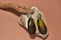 Closeup of dangle teardrop earrings made of golden metal and brown amber epoxy resin lying on mineral stone isolated