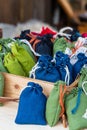 Closeup dark blue light green jute set vertical pattern