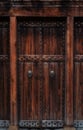 Closeup of dark wooden door with metallic brass vintage lion handles and decor for your design.