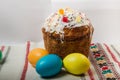 Closeup decorated easter cake and dyed easter eggs