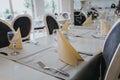 Closeup of a decorated table for an event in a restaurant in a hotel Royalty Free Stock Photo