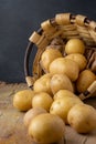 Closeup of defocused small yellow potatoes with focused basket, on rustic table,