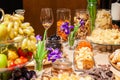 Closeup degustation premium cognac with snacks, fresh and dried fruits, pieces parmesan cheese, honeycombs, dark chocolate, Royalty Free Stock Photo
