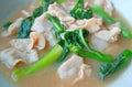 Closeup of Chinese Style Rice Noodles with Stir-fried Pork and Kale in Gravy Sauce Royalty Free Stock Photo