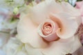 Closeup delicate bud of fresh pink rose with unfolded petals. Event decoration with fresh flowers