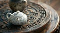 A closeup of a delicate porcelain teapot sitting on a wooden table adorned with traditional Chinese characters and Royalty Free Stock Photo