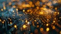 Closeup of a delicate spider weblike pattern on the circuit board representing the interconnectedness of quantum bits