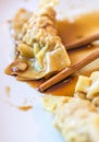 Closeup Delicious Authentic Asian Lunchtime Homemade Chinese Dumplings Chopsticks Plate Soy Sauce