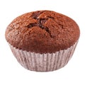 Chocolate muffin in paper baking cup isolated on white background Royalty Free Stock Photo