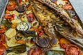 Closeup of fish baked with roasted tomatoes, potatoes and vegetables Royalty Free Stock Photo