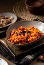 Closeup of delicious food served on a table in a restaurant Royalty Free Stock Photo