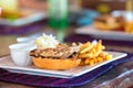 Closeup of delicious fresh burger with cheese and bacon Royalty Free Stock Photo