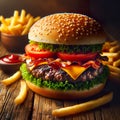 Closeup delicious hamburger meal with fries, and ketchup. Generative AI