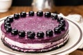 Closeup of delicious homemade blueberry cheesecake garnished with preserved blueberry