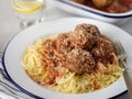 Closeup of Delicious homemade meat balls in tomato sauce with sp Royalty Free Stock Photo