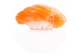Closeup of delicious japanese salmon sushi isolated on white